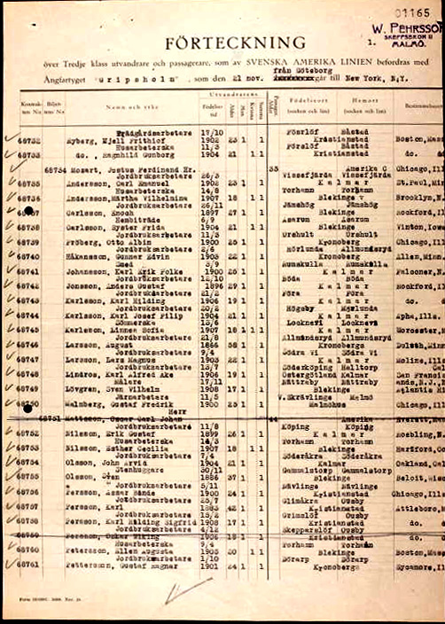 Gripsholm's passenger list on her maiden voyage departure from Göteborg, on November 21, 1925. Lindros's entry is halfway down on the page.