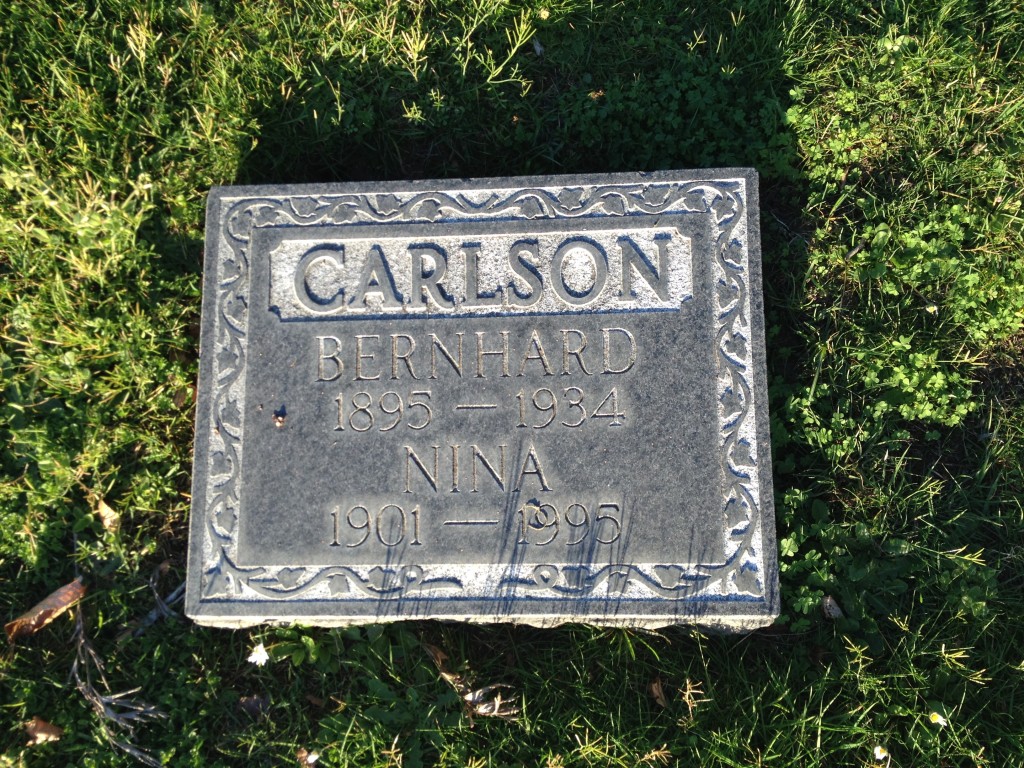 Bernhard Hjalmar Carlson's and his wife Nina's headstone at Cypress Lawn Memorial Park, Colma, San Mateo. Bernhard was born in the hamlet of Gräsgård, on the island of Öland, Sweden. Borrowed from here.