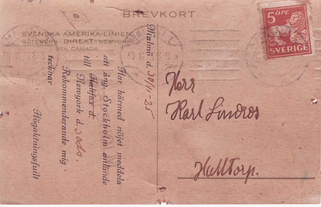 Arrival notification postcard from the shipping line, reverse side.